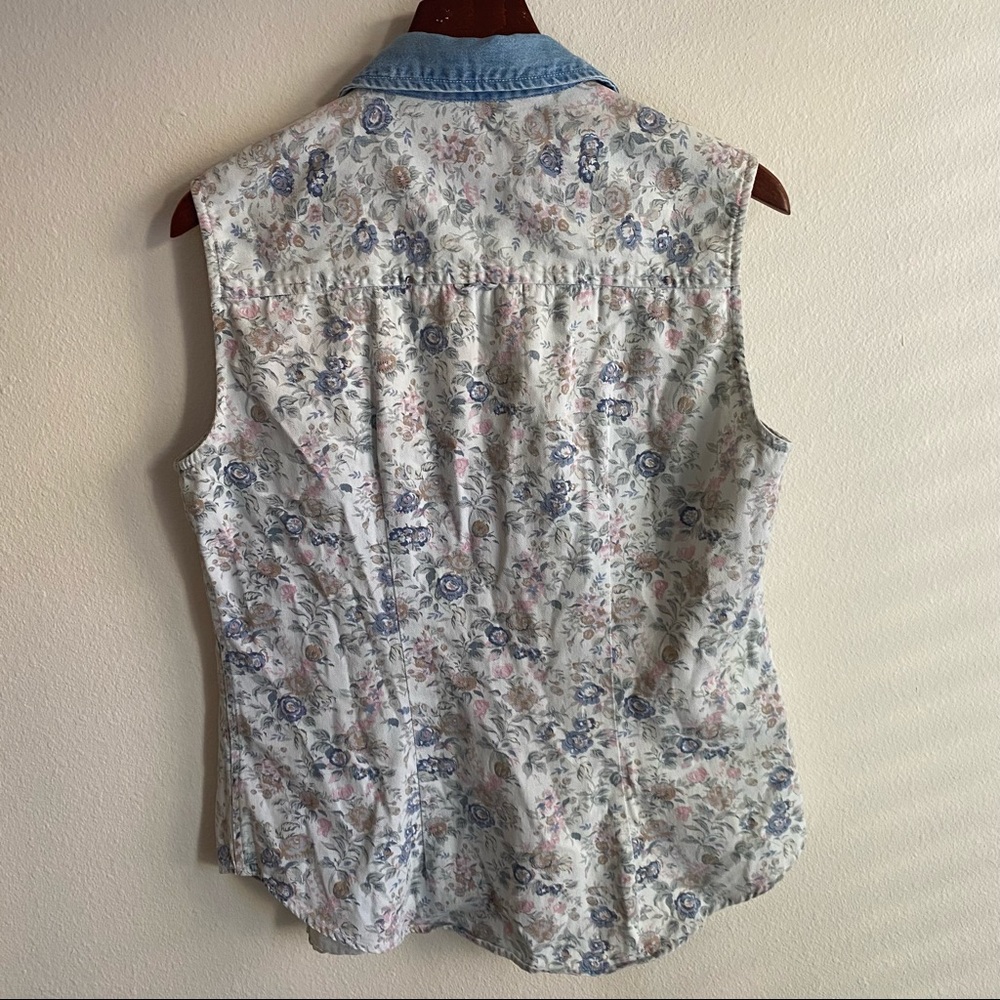 Vintage Denim Pastel Floral Printed Sleeveless Shirt Krazy Kat Purrfect 90’s - Picture 7 of 10